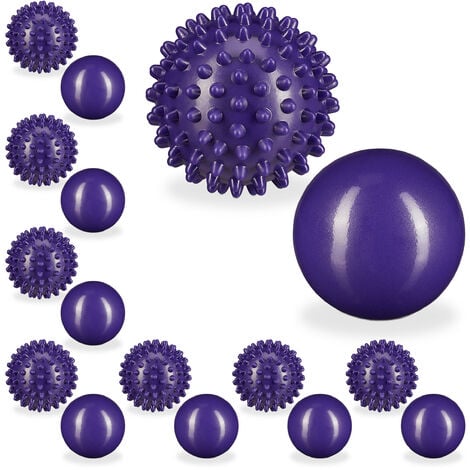 Balles de massage, lot de 16, une balle lisse et une à picots, dures, remplies d’eau, auto-massage, Ø 6,5 & 7 cm, violet