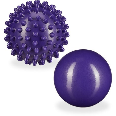 Balles de massage, lot de 2, une balle lisse et une à picots, dures, remplies d'eau, auto-massage, Ø 6,5 & 7 cm, violet