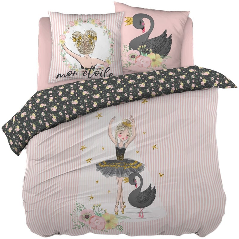 Ballet - Parure de Lit Coton Motif Danseuse Housse de Couette 200x200cm + 2 Taies d'Oreiller