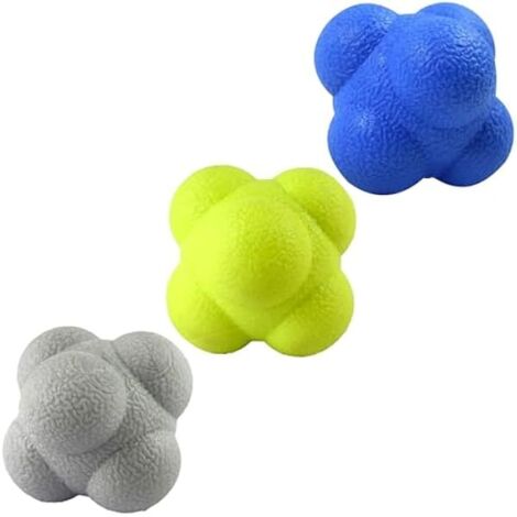 Ballon Réactif - 2,83 Pouces - En Caoutchouc Haute Densité - Pour Entraînement de Coordination Œil-Main et Réactivité - Lot de 3 (Bleu Jaune Gris)
