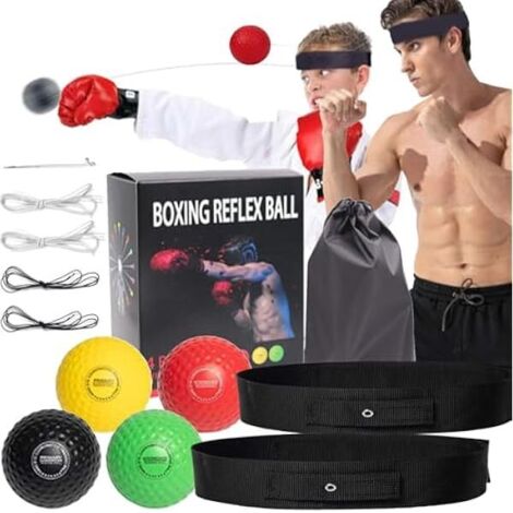 Ballon Réflexe Boxe - 4 Niveaux de Difficulté - Avec Bandeau Réglable et 4 Balles (20g 30g 40g 40g) - Pour Entraînement Réaction Main-Oeil Agilité - Adultes et Enfants