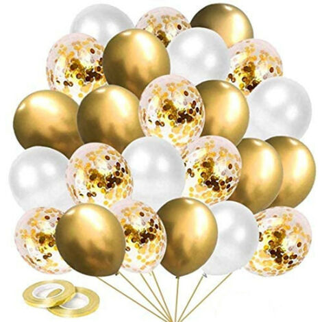Ballons d'anniversaire dorés, 60 morceaux de ballons d'hélium de confettis dorés, ballons blancs, mariage, anniversaire, bébé, décorations de fête de cérémonie