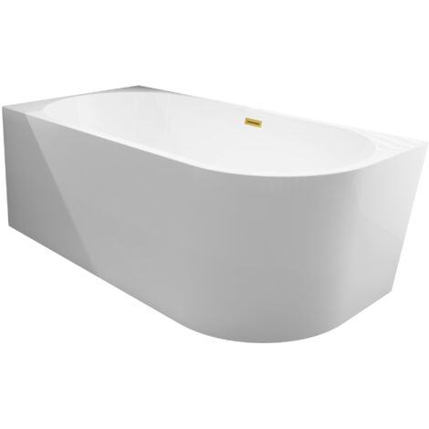 Balneo Baignoire semi-îlot Murale 160x80cm gauche, accessoires miroir doré, Acrylique thermoformé 3.5mm, avec pieds réglables, AVOLA