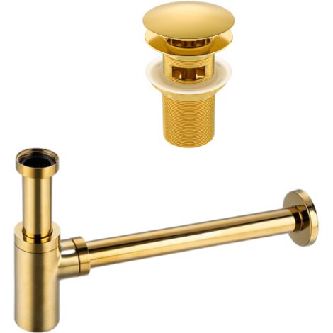 BALNEO - ensemble bonde de lavabo Klik Klak A avec trop-plein doré + siphon rond doré en laiton - kit pour lavabo