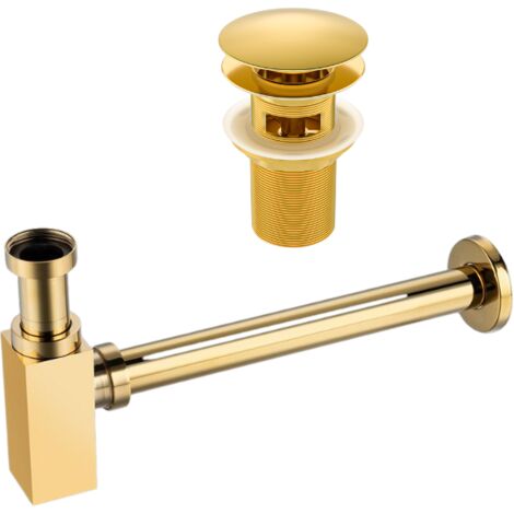 BALNEO - ensemble bonde de lavabo Klik Klak A avec trop-plein dorée + siphon carré doré en laiton - kit pour lavabo