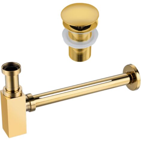 BALNEO - ensemble bonde de lavabo Klik Klak A sans trop-plein dorée + siphon carré doré en laiton - kit pour lavabo