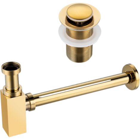 BALNEO - ensemble bonde de lavabo Klik Klak B sans trop-plein dorée + siphon carré doré en laiton - kit pour lavabo