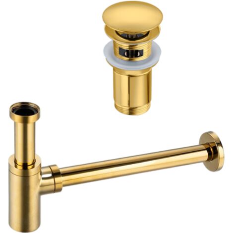 BALNEO - ensemble bonde de lavabo Klik Klak C avec trop-plein doré + siphon rond doré en laiton - kit pour lavabo