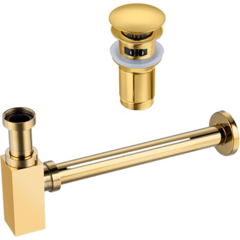 BALNEO - ensemble bonde de lavabo Klik Klak C avec trop-plein dorée + siphon carré doré en laiton - kit pour lavabo