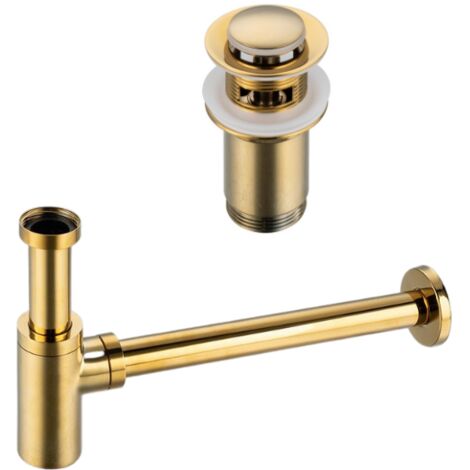 BALNEO - ensemble bonde de lavabo Klik Klak E avec trop-plein doré + siphon rond doré en laiton - kit pour lavabo
