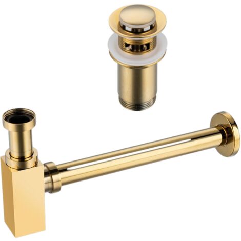 BALNEO - ensemble bonde de lavabo Klik Klak E avec trop-plein dorée + siphon carré doré en laiton - kit pour lavabo