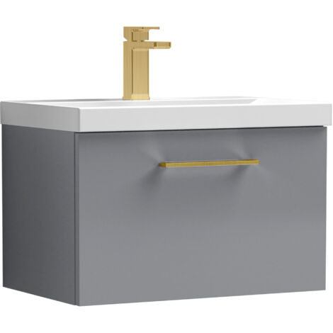 Balterley 600mm Wall Hung Bathroom 1 Drawer Vanity Unit and 1 Tap Hole Ceramic Basin, Satin Grey with Brushed Brass Handle