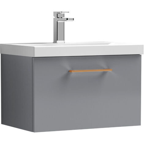 Balterley 600mm Wall Hung Bathroom 1 Drawer Vanity Unit and 1 Tap Hole Ceramic Basin, Satin Grey with Copper Handle