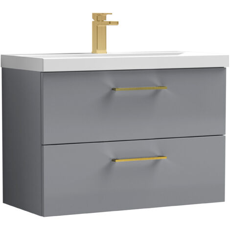 Balterley 800mm Wall Hung Bathroom 2 Drawer Vanity Unit and 1 Tap Hole Ceramic Basin, Satin Grey with Brushed Brass Handles