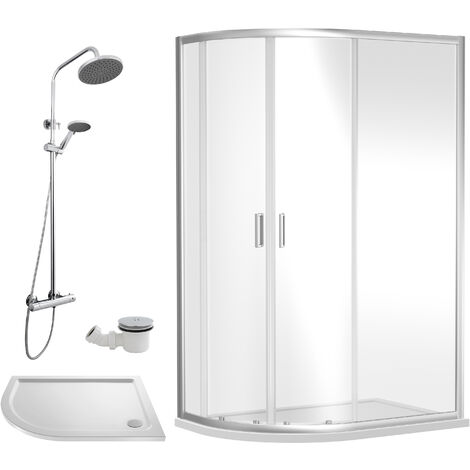 Balterley Almington Quadrant Offset Left Bundle: Slimline Tray, Round Kit & Waste, 1200 x 800 mm White/Chrome