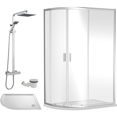 Balterley Almington Quadrant Offset Left Bundle: Slimline Tray, Square Kit & Waste, 1200 x 800 mm White/Chrome