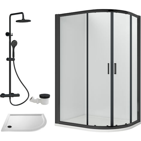Balterley Almington Quadrant Offset Right Bundle: Tray, Round Kit & Waste, 1000 x 800 mm White/Black