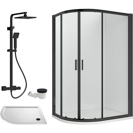 Balterley Almington Quadrant Offset Right Bundle: Tray, Round Kit & Waste, 1000 x 800 mm White/Black