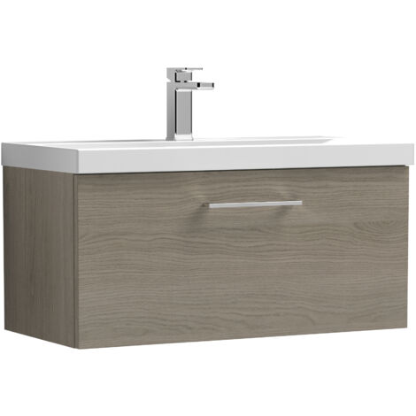 Balterley Bramshall Modern Bathroom Wall Hung 1 Soft Close Drawer Vanity Unit & Mid-Edge Basin, Solace Oak, 810mm