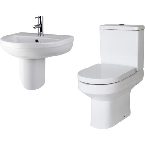 Balterley Copmere Bathroom Suite: Semi Flush Toilet w/ Dual-Flush Cistern, Soft-Close Seat & 500mm 1 Tap Hole Basin, Semi Pedestal