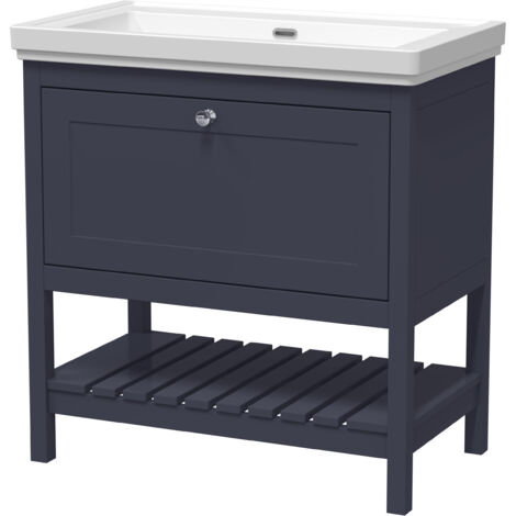 Balterley Coppenhall Bathroom Floor Standing 1 Drawer Vanity & 0 Tap Hole Fireclay Basin, Indigo Blue, 800mm