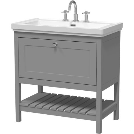 Balterley Coppenhall Bathroom Floor Standing 1 Drawer Vanity & 3 Tap Hole Basin, Cool Grey, 830mm