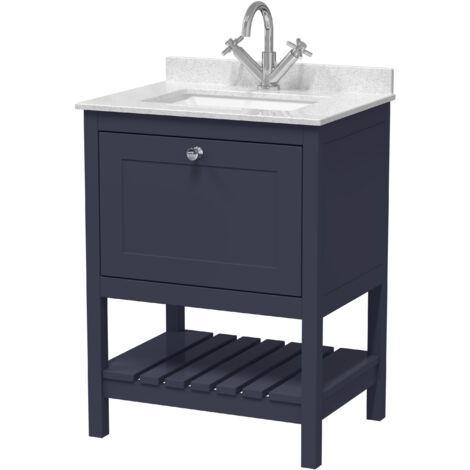 Balterley Coppenhall Bathroom Floor Standing 1 Drawer Vanity & Single Bowl 1 Tap Hole Marble Top, Indigo Blue/White, 600mm
