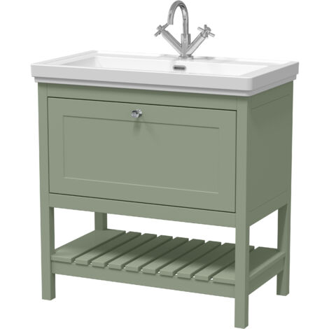 Balterley Coppenhall Traditional Bathroom 1 Soft Close Drawer Floor Standing Vanity Unit Basin, Fern Green, 830mm