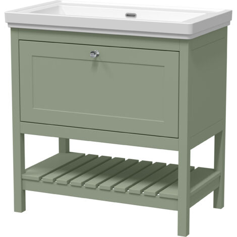 Balterley Coppenhall Traditional Bathroom 1 Soft Close Drawer Floor Standing Vanity Unit Basin, Fern Green, 830mm