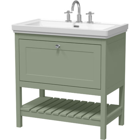 Balterley Coppenhall Traditional Bathroom 1 Soft Close Drawer Floor Standing Vanity Unit Basin, Fern Green, 830mm
