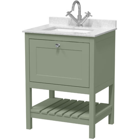 Balterley Coppenhall Traditional Bathroom 1 Soft Close Drawer Floor Standing Vanity Unit Marble Top Basin, Fern Green/White, 620mm