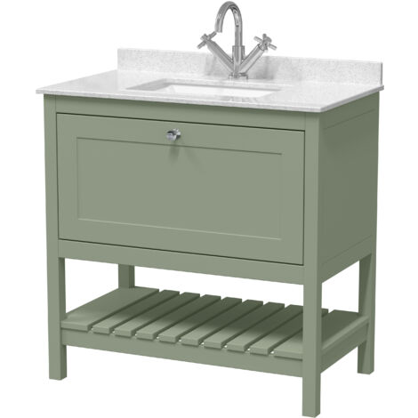 Balterley Coppenhall Traditional Bathroom 1 Soft Close Drawer Floor Standing Vanity Unit Marble Top Basin, Fern Green/White, 820mm
