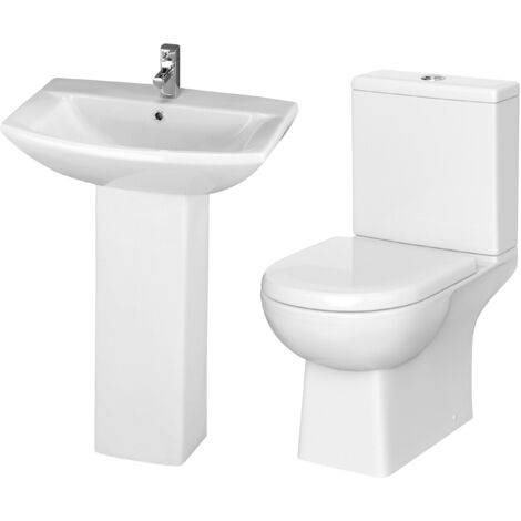 Balterley Destin Suite: Close-Coupled Toilet with Dual-Flush Cistern, Soft-Close Seat & 600mm 1 Tap Hole Basin with Full Pedestal