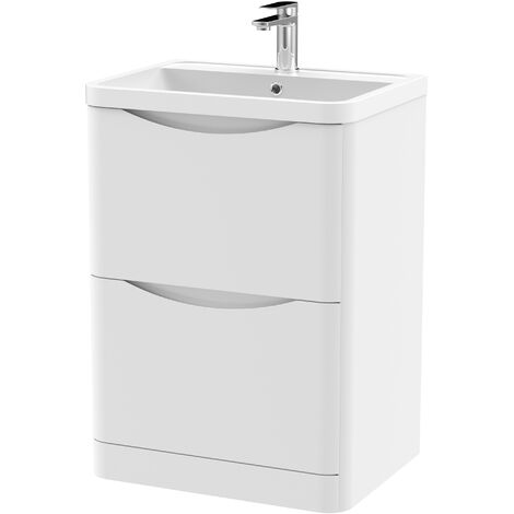 Balterley Dunwood Contemporary Bathroom Floor Standing 2 Drawer Vanity & Polymarble Basin, Satin White, 600mm