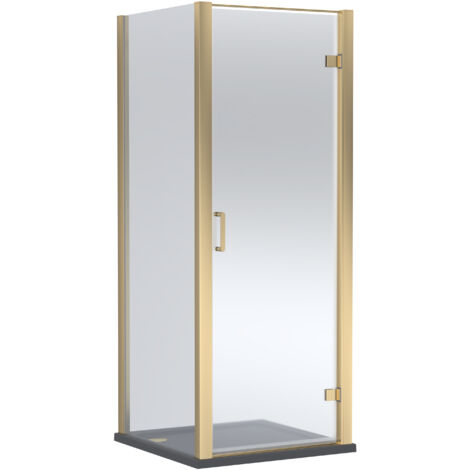 Balterley Ellenhall Hinged Shower Door with 6mm Glass, Side Panel Shower Tray in Brushed Brass/Slate Grey