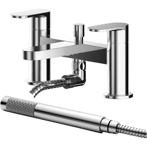 Balterley Enville Modern Deck Mount Round Bath Shower Mixer Tap with Shower Kit, Flat Spout - Polished Chrome Finish