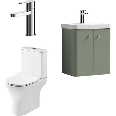 Balterley Flashbrook Contemporary Wall Hung 2 Door Bathroom Vanity Unit, Basin, Tap & Toilet Pack, Satin Green, 479mm