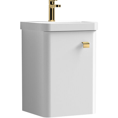 Balterley Flashbrook Modern Bathroom Wall Hung 1 Soft Close Door Vanity Unit & Ceramic Basin, Gloss White/Brushed Brass, 379mm