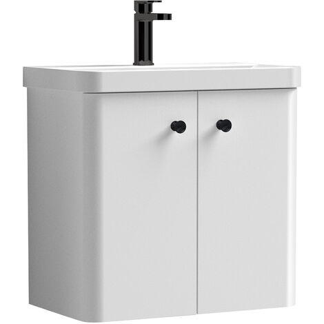 Balterley Flashbrook Modern Bathroom Wall Hung 2 Door Vanity Unit Basin, Gloss White/Matt Black, 579mm