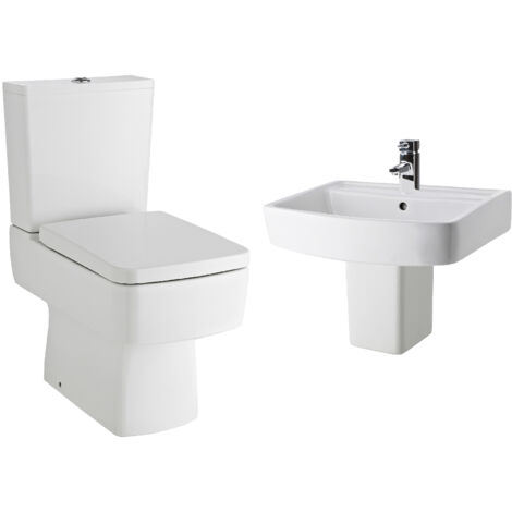 Balterley Forsbrook Square Bathroom Suite: Semi Flush Toilet with Dual-Flush Cistern, Soft-Close Seat & 520mm Basin with Semi Pedestal
