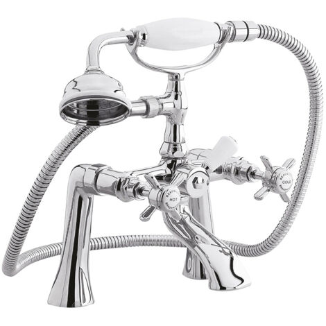 Balterley Hanchurch Traditional Deck Mounted 1/2 Inch Bath Shower Mixer Tap with Shower Kit - Chrome/White
