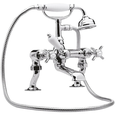 Balterley Hanchurch Traditional Deck Mounted Luxury Cranked Bath Shower Mixer Tap with Shower Kit - Chrome/White