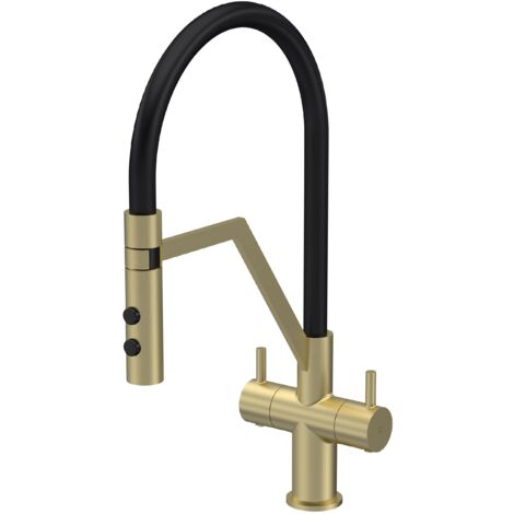 Balterley Haughton Modern Kitchen Mono Mixer Tap with Dual Lever Handles, Curved Swivel Spout - Brushed Brass Finish