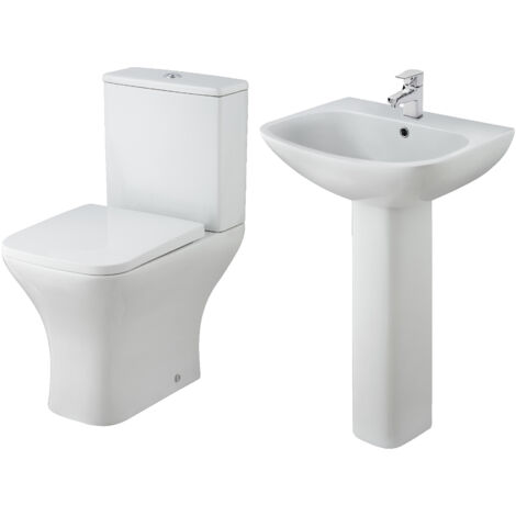 Balterley Hilderstone Ceramic Bathroom Bundle: Rimless Pan, Cistern, Seat, 545 mm 1 Tap Hole Basin & Full Pedestal
