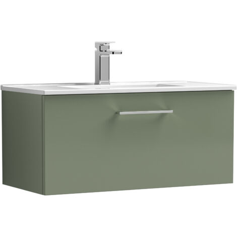 Balterley Level Contemporary Bathroom 1 Soft Close Drawer & Minimalist Wall Hung Vanity Unit Basin, Satin Green, 800mm