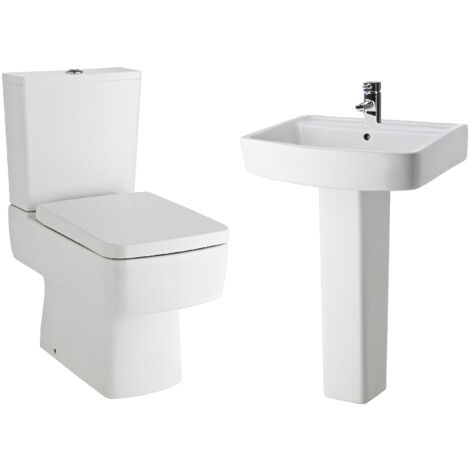 Balterley Optic Compact Bathroom Suite: Semi Flush Toilet with Dual-Flush Cistern, Soft-Close Seat & 600mm Basin with Pedestal
