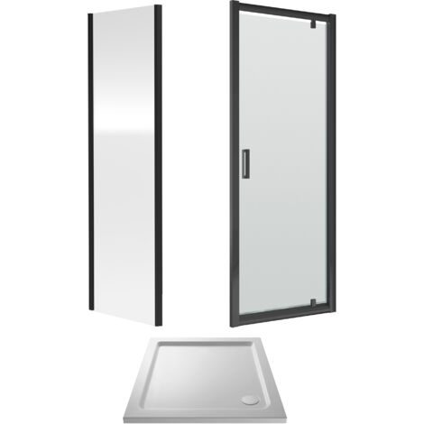Balterley Pivot Shower Suite with 6mm Safety Glass Door, Side Panel & 760 x 760mm Tray in Matt Black Frame with White Tray