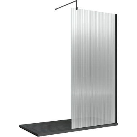 Balterley Shebdon 8mm Fluted Toughened Safety Glass Wetroom Screen with Support Bar: 1000x1850mm, Black