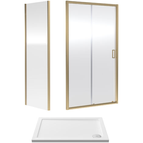 Balterley Sliding Shower Door Suite: 6mm Safety Glass Sliding Door, Side Panel & Resin Shower Tray, 1000 x 700mm, Brushed Brass
