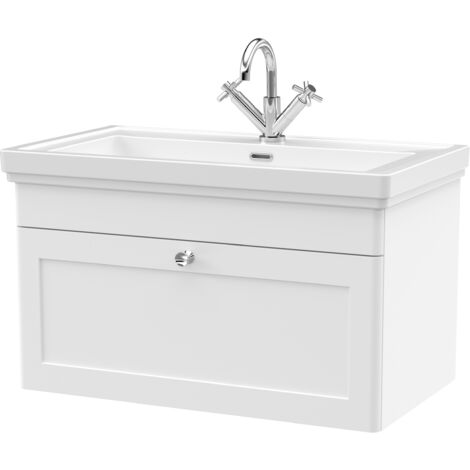 Balterley Swynnerton Traditional Bathroom Wall Hung 1-Drawer Vanity Unit & Fireclay Basin, Satin White, 800mm